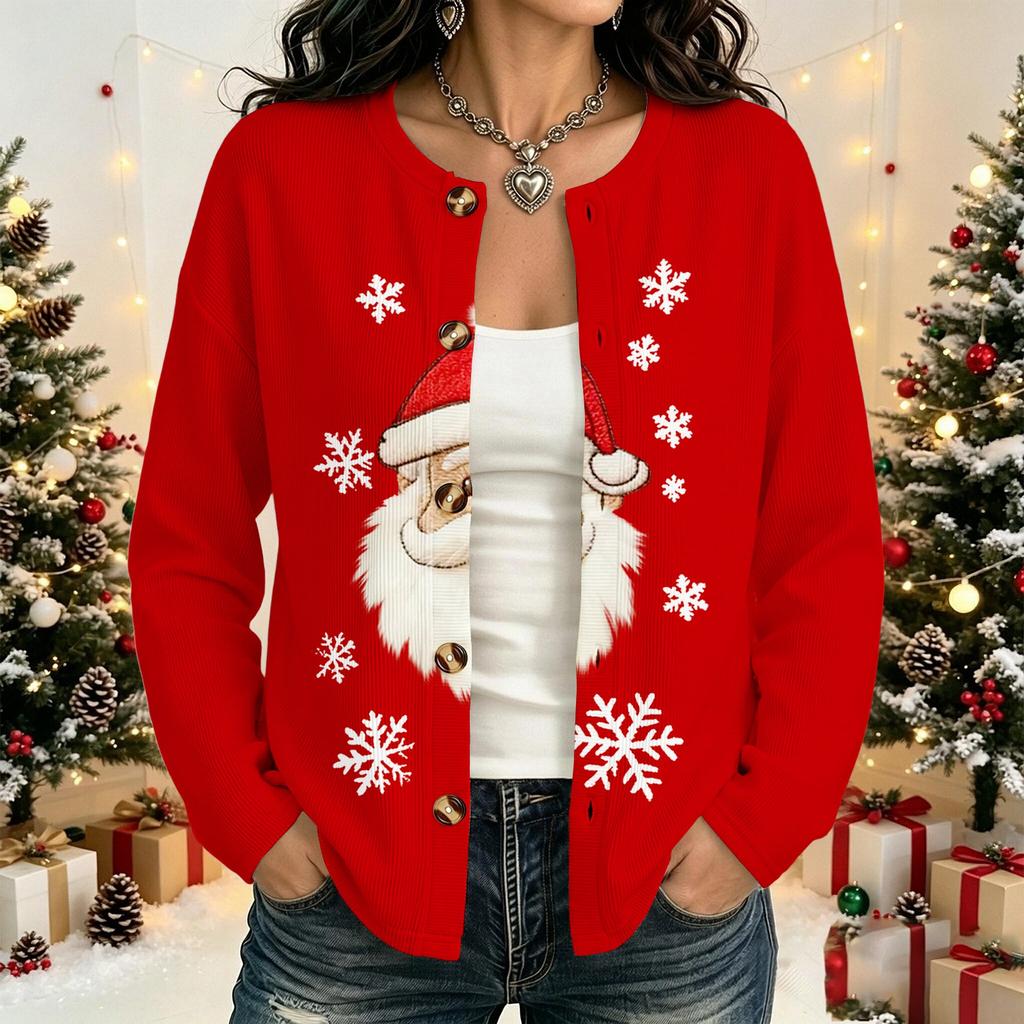 Women's Long Sleeve Christmas Printed Cardigan Sweater Winter Fashion Coat