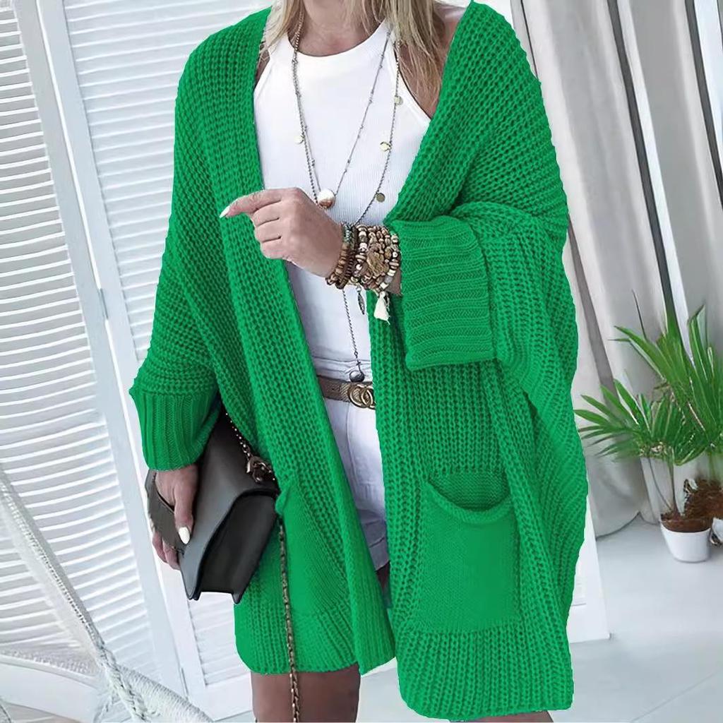 Women's Knit Pocket Cardigan Sweater - Solid Color, Loose Fit, Autumn/Winter Fashion