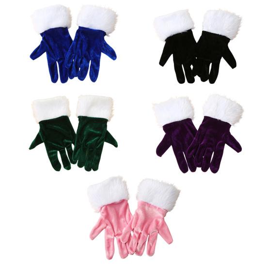 Short Retro Velvet Gloves Women Opera Gloves with Fuzzy White Cuffs Wrist Length Finger Gloves for Christmas Costume Wedding Tea Party Banquet Dance