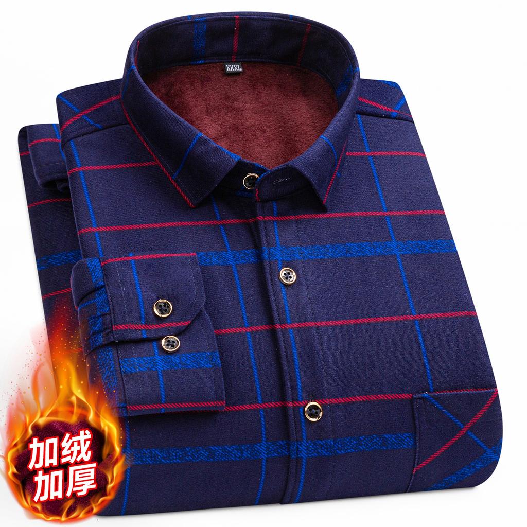 2026 Autumn Winter Men's Fashion Plaid Striped Print Shirts Double-sided Fleece Long Sleeve Thick Warm Shirts Soft Big Size 7XL