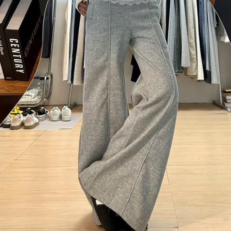 Frühlings-Herbst Strick-Jogger mit Spitzeinsätzen und weitem Bein für Damen Vielseitige lockere drapierte bodenlange Freizeithose