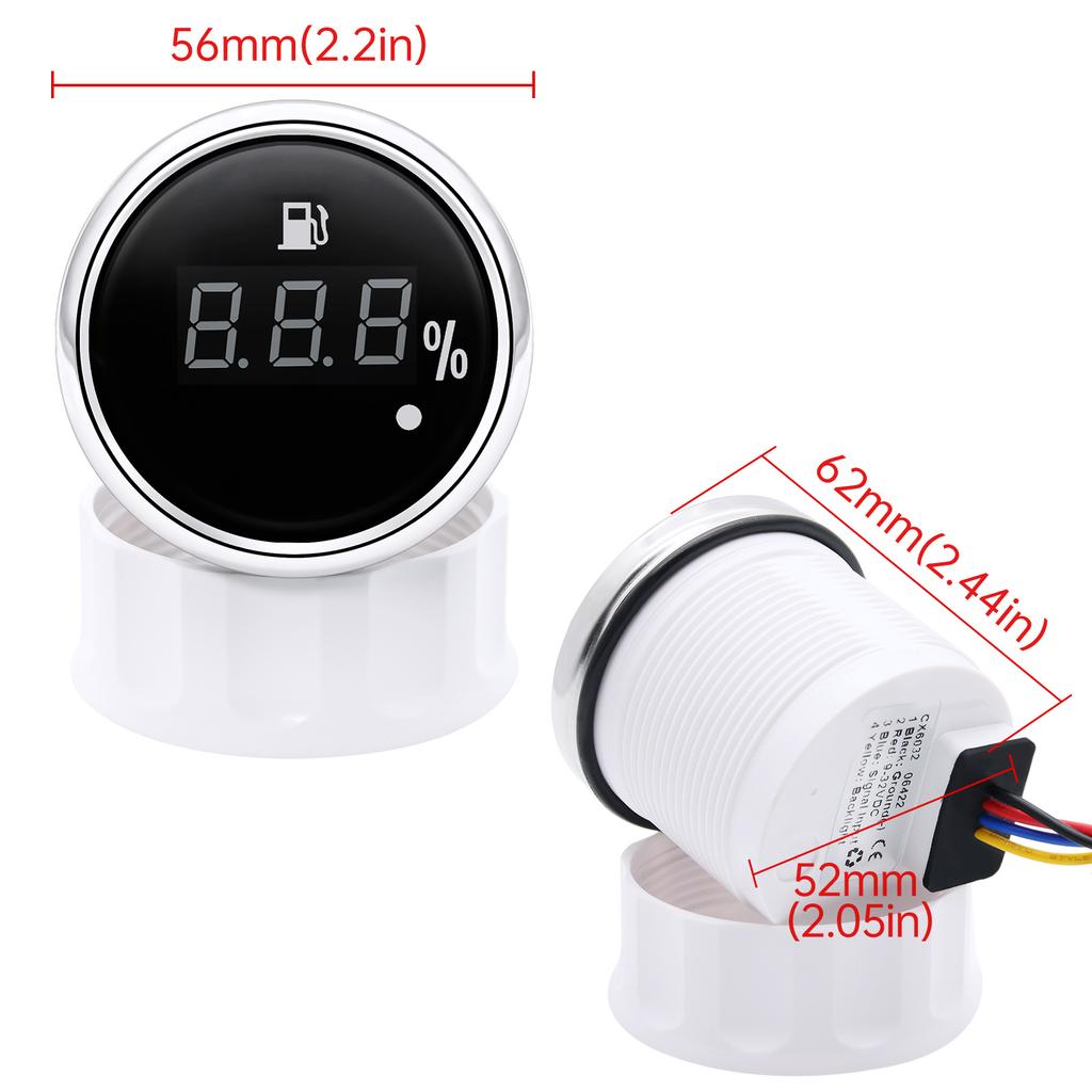 0-190 Ohm Fuel Level Gauge 2" 52MM Fuel Gauge with Alarm Light Auto Car Fuel Gauge Digital 100% Oil Tank Meter Indicator 9-32V