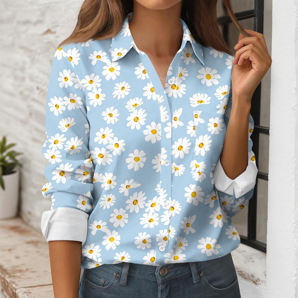 Women's Button Down Prints Shirt Long Sleeve Shirt Business Work Tops Casual With Pockets Jacket