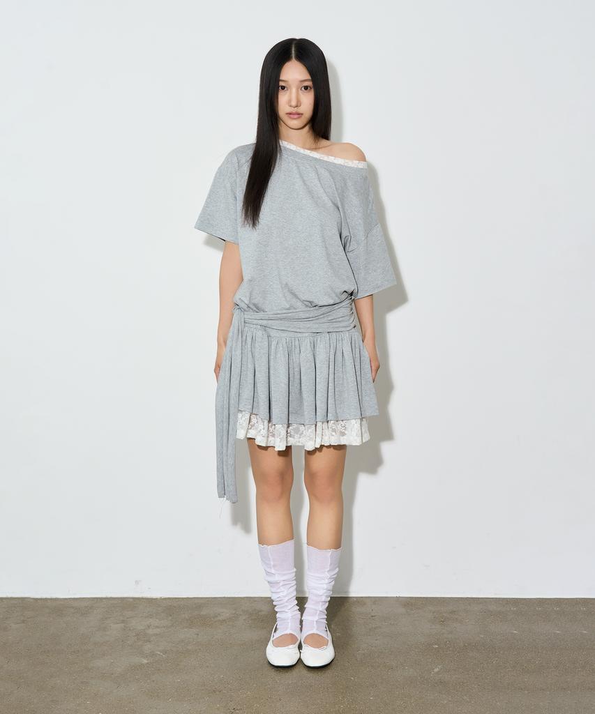 Seul Asymmetrical Off-Shoulder Lace Dress_Gray