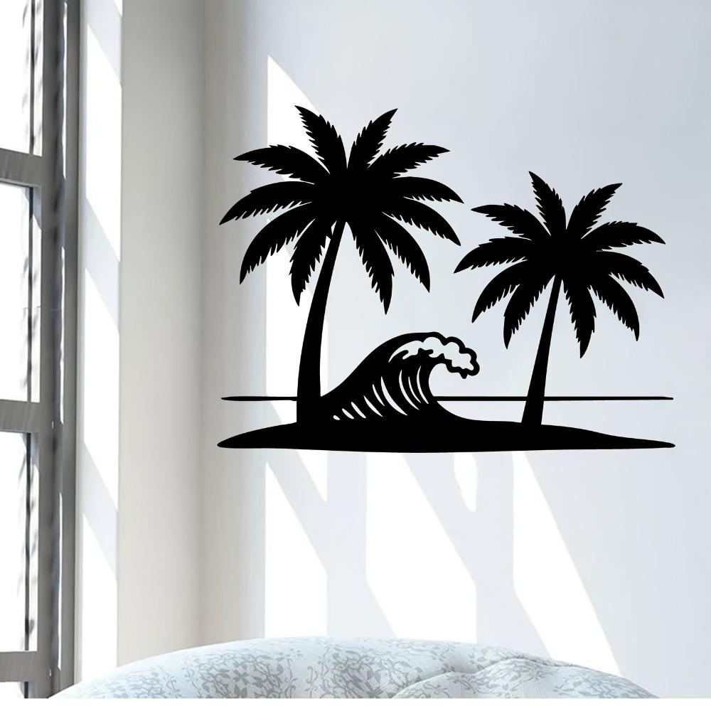 1pc Palm Tree Wave Metal Wall Art, Tropical Coastal Iron Statue for Outdoor Patio Garden Fence, Beach Theme Summer Vacation Decor, Weather Resistant