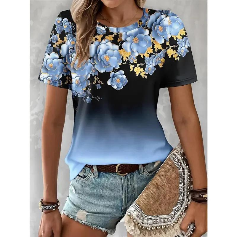 Summer Women's Y2k Floral Casual Holiday 3d Print Color Gradient Short Sleeve Tees Fashion Crew-neck T Shirts For Women