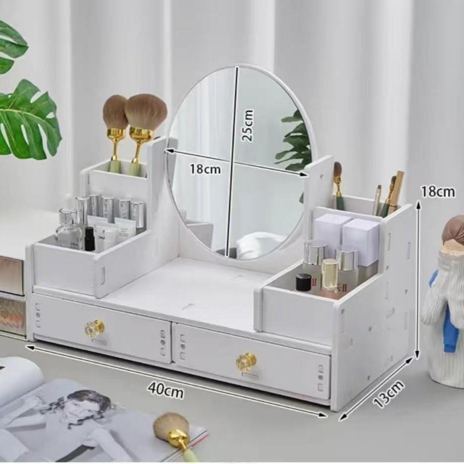 Zrcátko na make-up na stůl s velkou kapacitou a úložný box na kosmetiku se zásuvkami na rtěnky, šperky a péči o pleť