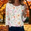 Top da donna casual alla moda a maniche a tre quarti con stampa floreale e girocollo