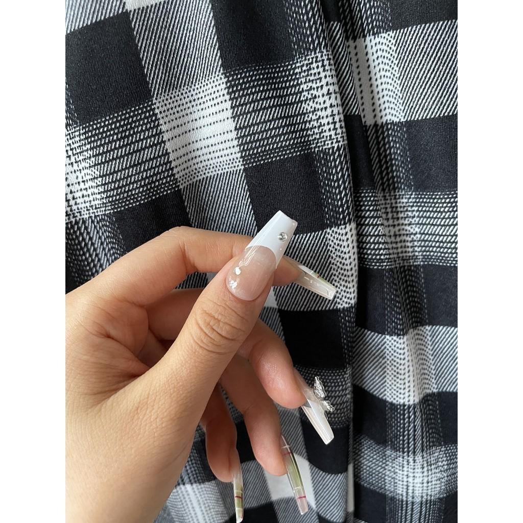 HANDMADE Artificial Nail Plaid alloy Pink Butterfly Long Trapezoid Phototherapy Nails Fake Nails Reusable and Removable Nails