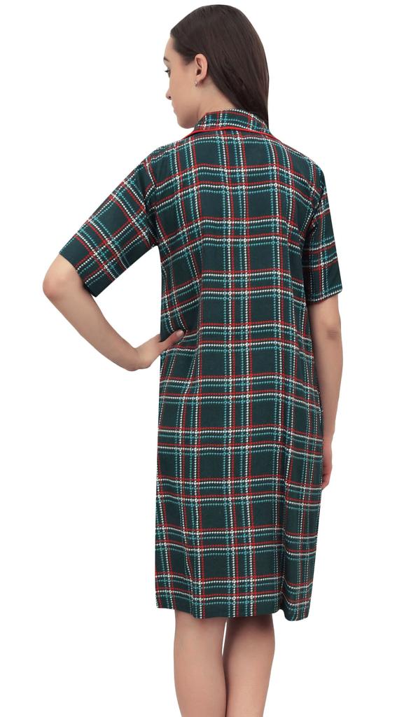 Bimba Check Print Green Women Sleepshirt Sleepwear Button - Front Nightshirt -