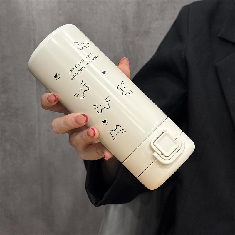 Simple Cute Cat Thermos Water Bottle with Straw Portable Stainless Steel Thermal Cup For Girl Kids Students Leak-proof Drinkware