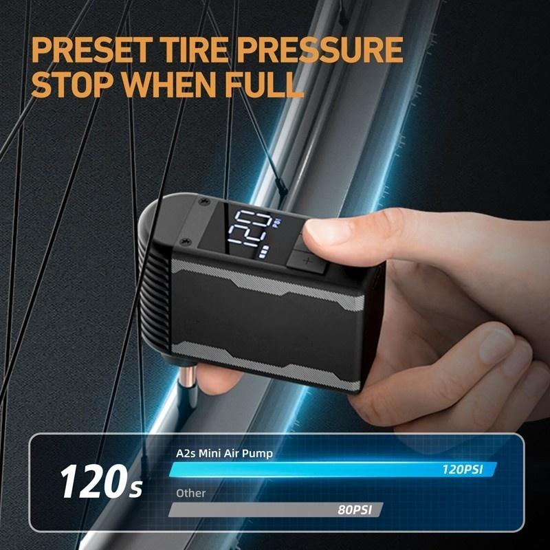 A2S MTB Road Tire 120 PSI Portable Pocket Bike Electric Air Pump Tire Pressure Digital Display Mini Fast Compressor