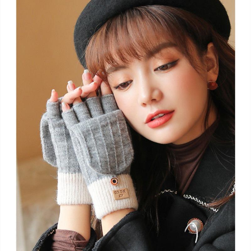 Half Finger Flip Korean Style Gloves Winter Women's Cute Fleece-Lined Cold-Proof Warm Wool Knitted Autumn and Winter Open Finger
