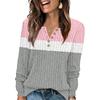 Women's Fashion V-Neck Button-Front T-Shirt With Striped Patchwork Print Long-Sleeved Top