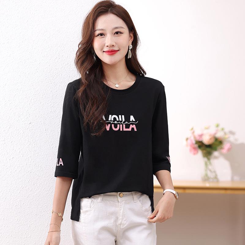 

Женская летняя свободная футболка из чистого хлопка с рукавом три четверти - стильная, удобная, модная для среднего возраста 2XL (62.5-70 kg) чёрный