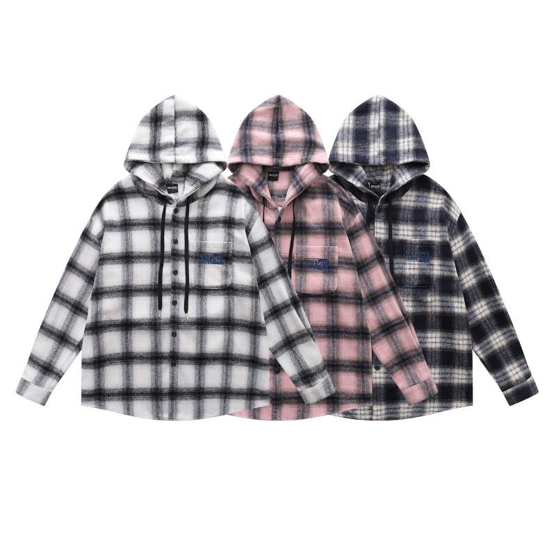 Mens Vintage American Style Plaid Hooded Long Sleeve Shirt Loose Casual All-Match Blouse