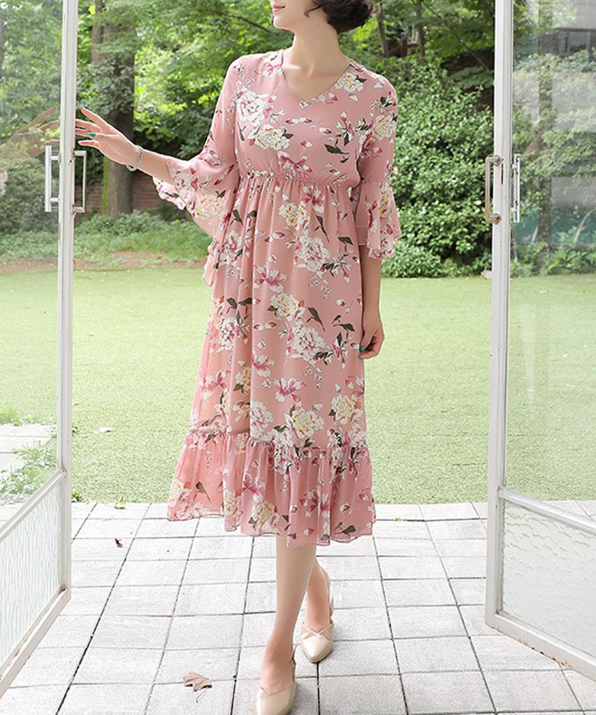 Ppaeppae Winged Sleeve V-Neck Elastic Waist Floral Dress