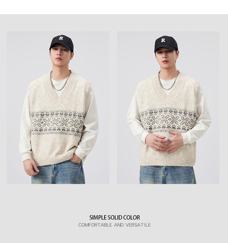 Men's Retro Argyle Fair Isle Knit V-neck Sweater Vest for Autumn/Winter
