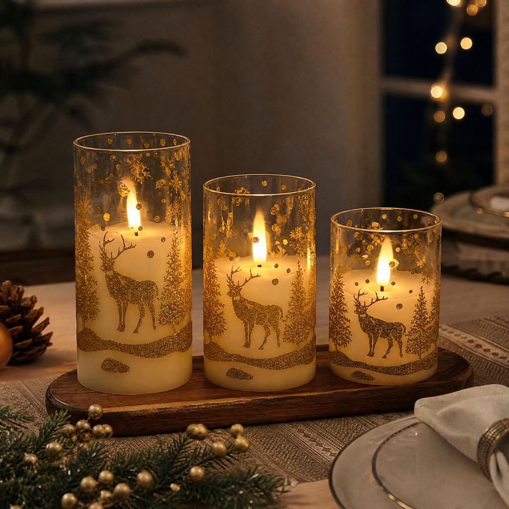 Gold Christmas LED Flameless Candle for Holiday Decor, Requires 3 AAA Batteries