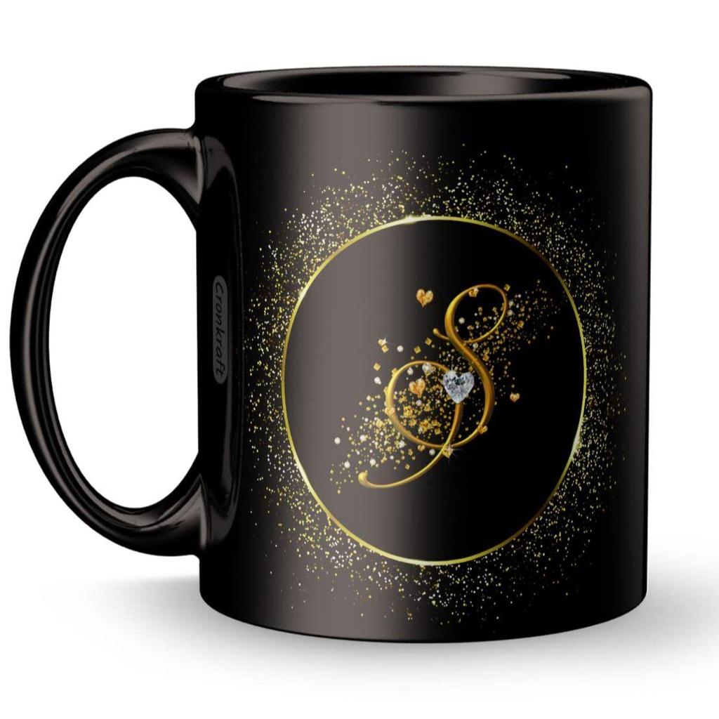 Ceramic Golden Frame With S Alphabet Letter Printed Mug + Keychain,Gift For Love,Birthday,Wife, Husband,  (S Alphabet), 300 ML