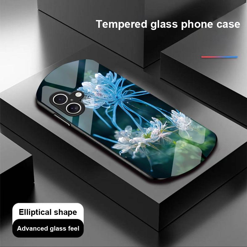 Goldene Pfingstrose Grün Für Apple IPhone 16 11 13 15 14 Pro Max 12 Mini 7 8 Plus XR X XS Ellipsenförmige Handyhülle aus gehärtetem Glas