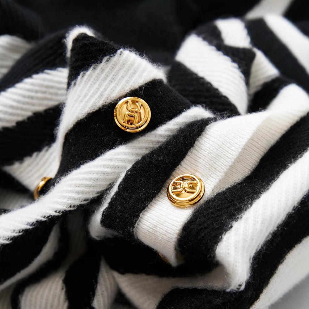 Women's French Coco Style Striped Cashmere Cardigan – Round Neck Autumn/Winter Loose Knitwear