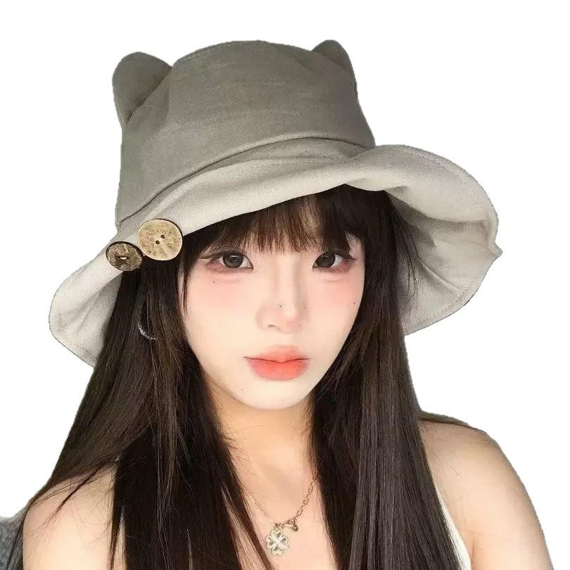 Cat Ears Button Bucket Hat Female Summer Cute Versatile Big Eaves Show Washbasin Hat Travel Sun Protection Hat