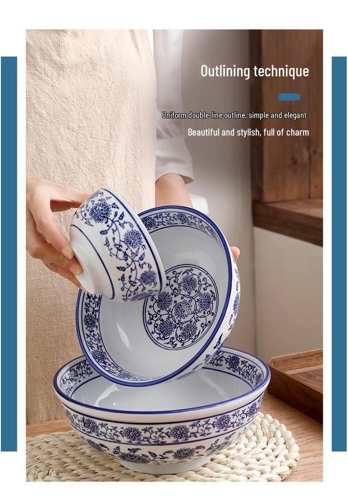 Seven-Inch Blue and White Chinese Porcelain Noodle Bowl - Anti-Scalding, Thickened Ceramic for Beef or Cold Noodles