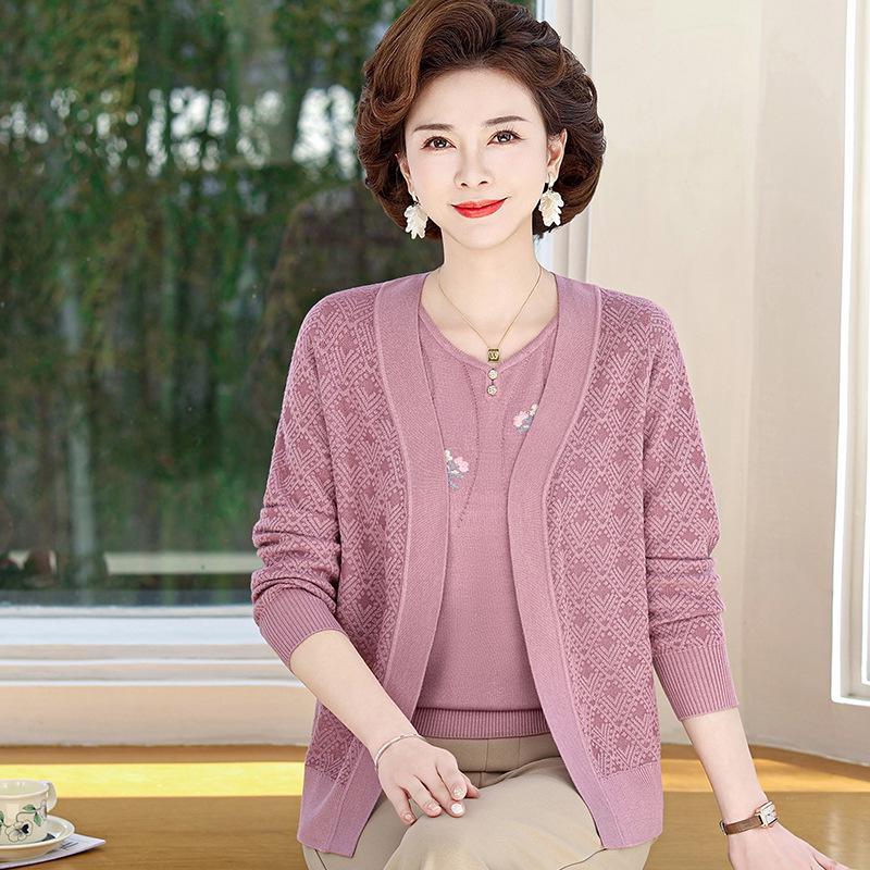 

Mom s Plus Size Spring & Autumn Knit Cardigan Set: 50-60s Ice Silk Short-Sleeve T-Shirt for Middle-Aged & Elderly. XL (for 100-110 jin) розовый/фиолетовый