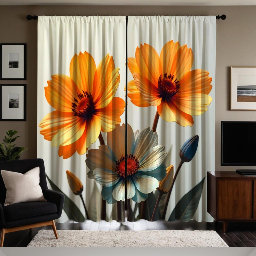 2 Stück Vorhänge mit orange-blauem Blumenmuster   Polyesterstoff   maschinenwaschbar   geeignet für Schlafzimmer-Wohnzimmer-Dekoration