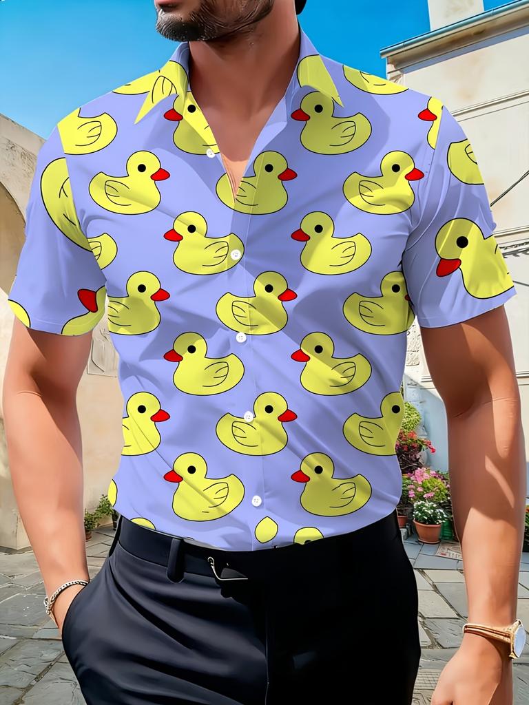 Fun Duck Flock All-Over Print Men'S Short Sleeve Shirt, Loose Fit, Suitable for Beach Relaxation/Outdoor Picnic
