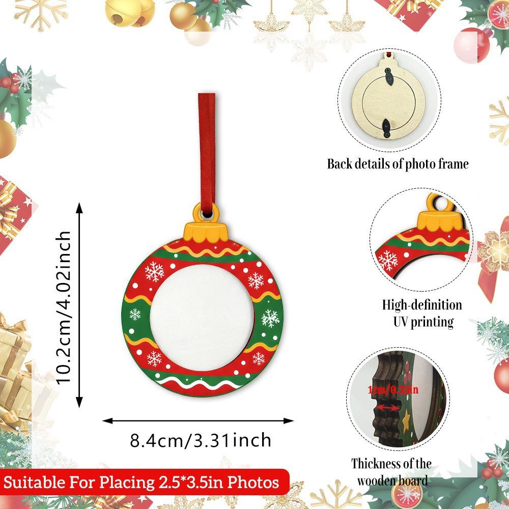 Flat Design Christmas Photo Frame Hanging Rope Bulk Set Wooden Picture Ornament 2D Style Wood Material Xmas Tree Decoration