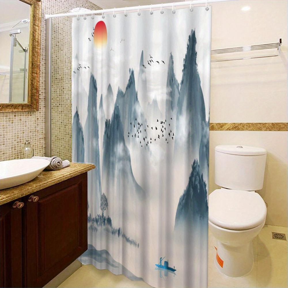 Serene Mountain Landscape Shower Curtain - Polyester, Machine Washable, Unlined, 12 Hooks, All-Season Bathroom Decor