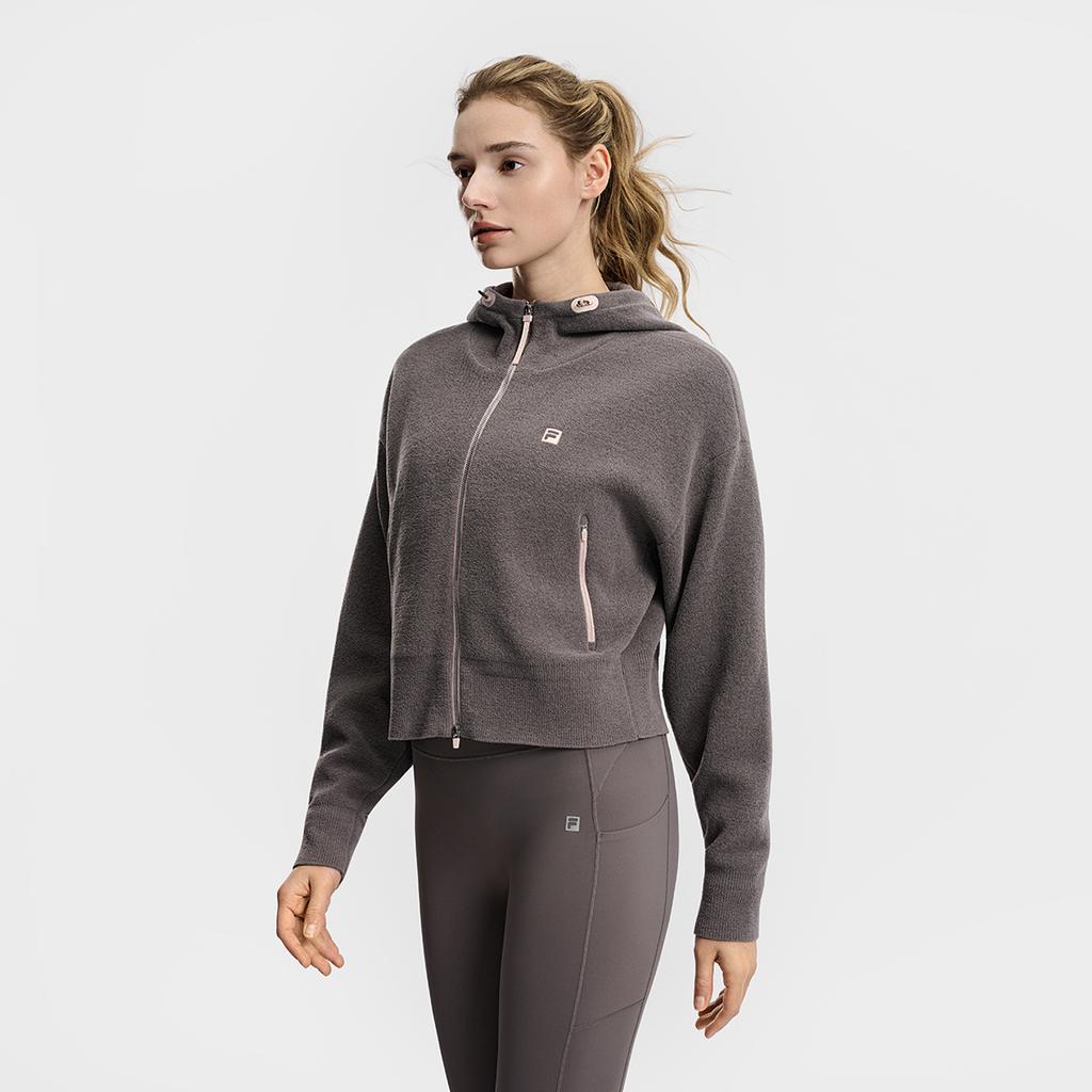 FILA Fitness Series Simple Fashion Casual Sports Training Versatile Warm Hooded Loose Short Knit Jacket Women jackets Gray A11W611506FDY