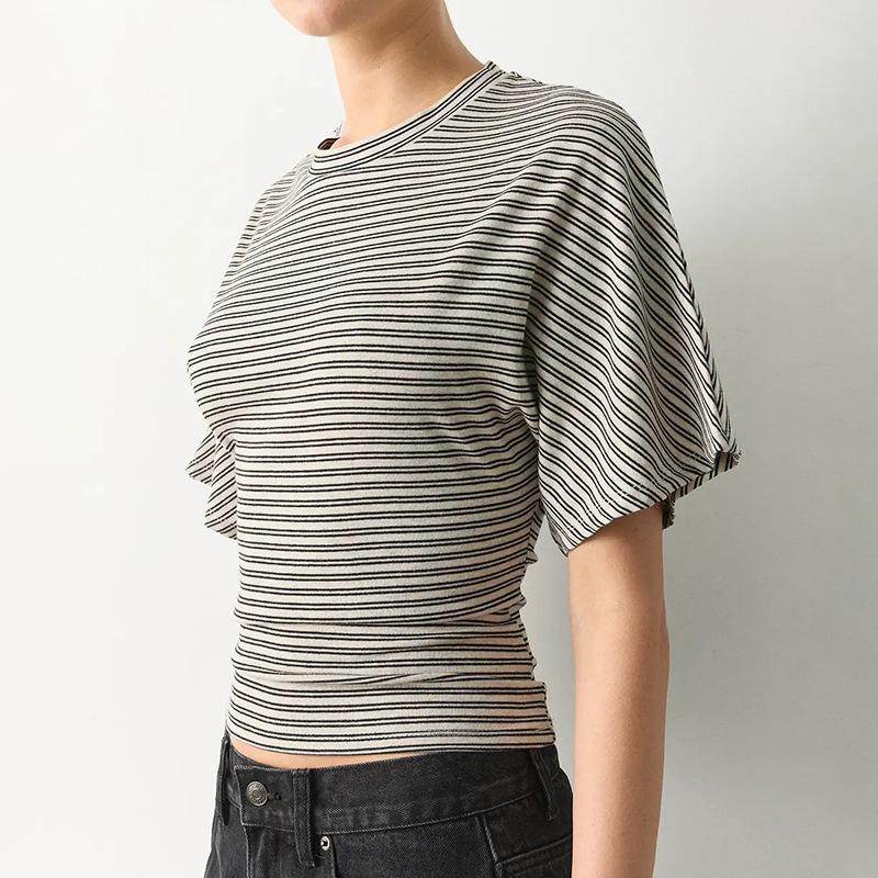 Q25TP400 Women's Slim-Fit Autumn Striped Round Neck Short Sleeve Top