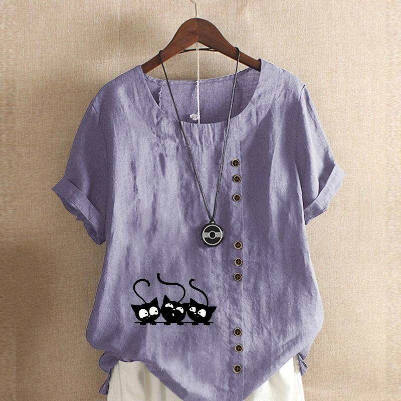 Dame Mote Søt Svart Katt Trykket Kort Ermet T-skjorte Løs Bomullsskjorte Casual Løs Sommerbluse Topper Pluss Størrelse