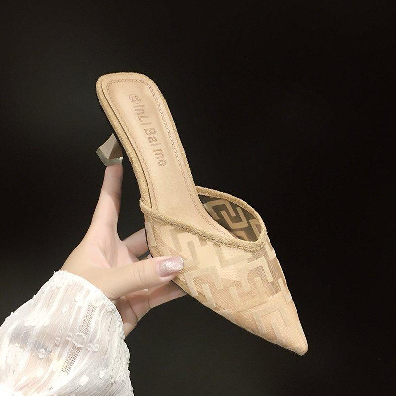 Women Mesh High Heels Temperament Sandals Female Summer Pointed Toe Party Thin Heeled Slippers Ladies Brand Design Slip On Shoes