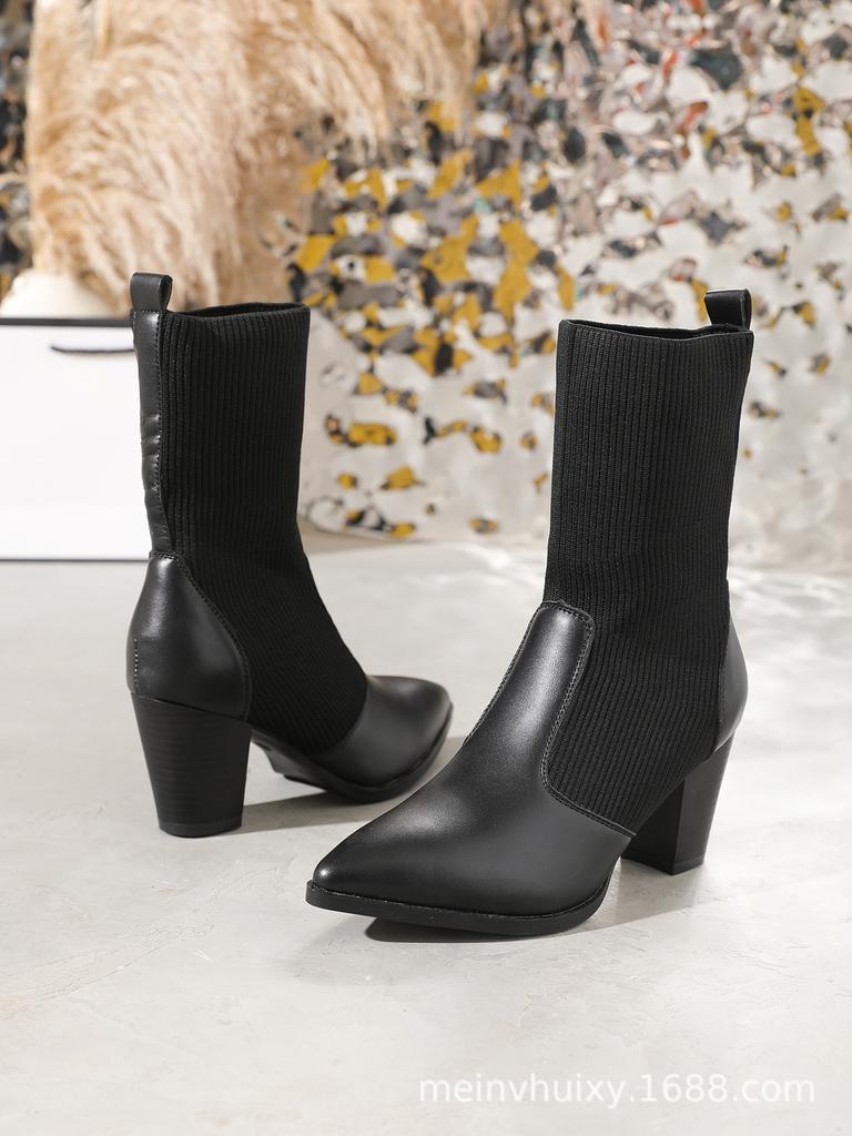 Pointed women's black thin boots women's new autumn and winter high-heeled short boots thick-heeled large-size women's boots