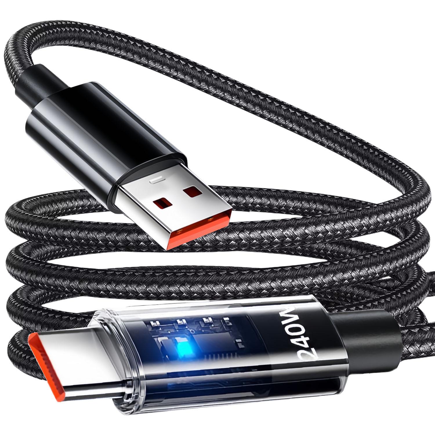 

Интеллектуальный кабель для быстрой зарядки 240 Вт для устройств Apple, Huawei и Type-C 2m Black Transparent Print 240W