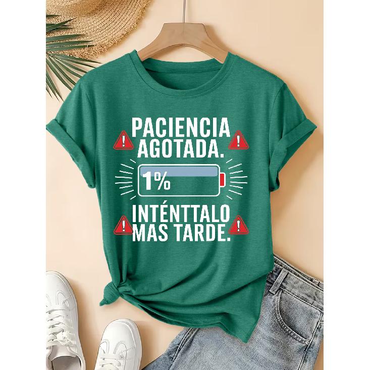 "Power" Spanish slogan printed pattern short-sleeve vintage distressed round neck T Fresh and natural style loose-fitting shirt 2026 Elegant spring