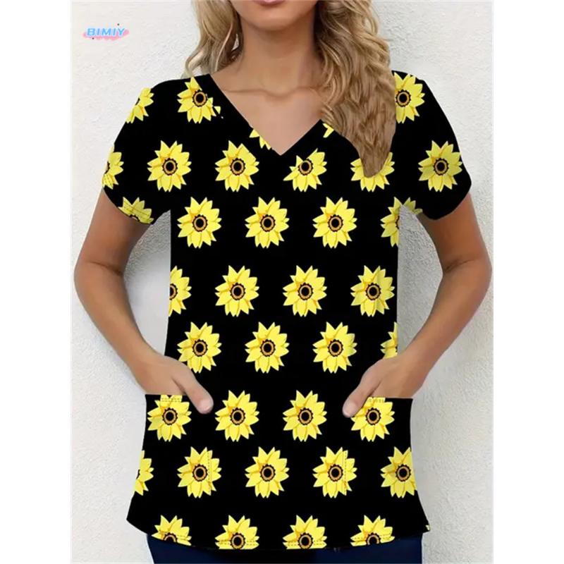 

High Quality Printed Women s Matte Top Paired with V-neck Cartoon Matte Uniform Thin Nurse Top Women Short Sleeves Healthy Tone 5XL