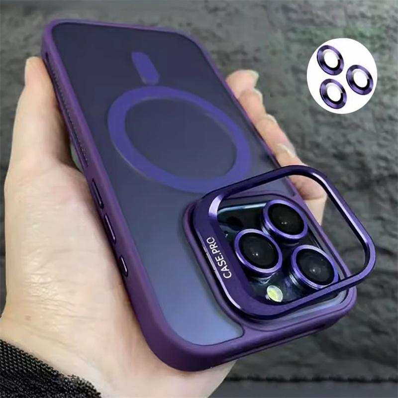 For Magsafe Stand Glass Lens Protection Phone Cases For iPhone 16 15 14 13 12 11 Pro Max Plus Shockproof Matte Magnetic Cover