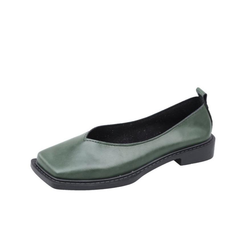 2025 Flat Shoes Women Square Toe Simple Shallow Mouth Temperament Leather Spring Square Head Fashion Single Shoes