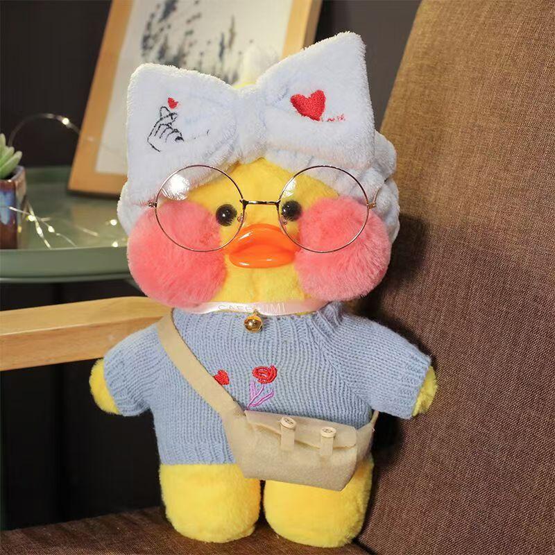 Cafe Duck 30cm Little Yellow Duck Cute Pillow Plush Toy Stuffed Doll Wearing Glasses and Clothes Cartoon Cute Toy