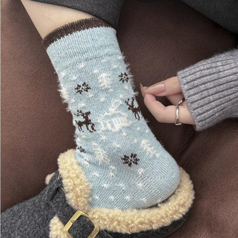 Christmas Snowflake Cartoon Wool Socks Vintage Mid-Leg Socks Thickened And Warm
