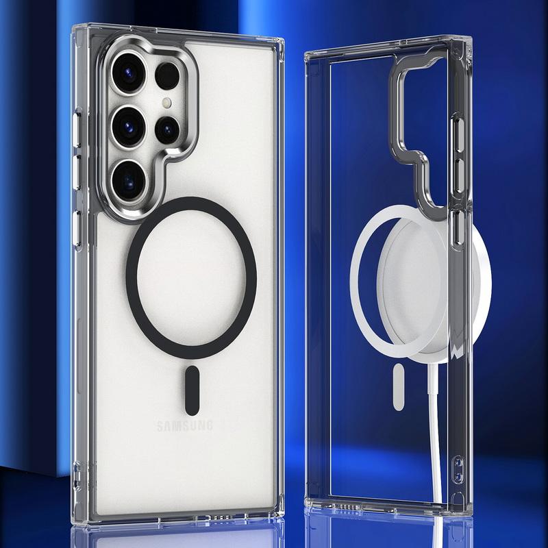 

Для Samsung S25 S24 Ultra S23 Plus A56 A16 A55 A26 A35 A25 A15 для Magsafe чехол для телефона акриловый прозрачный магнитный противоударный металлический защитный чехол для объектива Samsung S24 чёрный