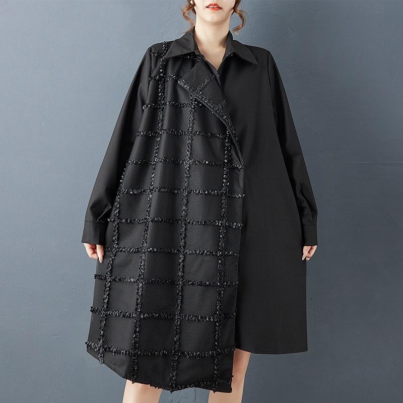 Langärmeliges Übergröße schwarzes Vintage neu in Kleider für Frauen Frühling Herbst lässig locker Midi Hemdkleid