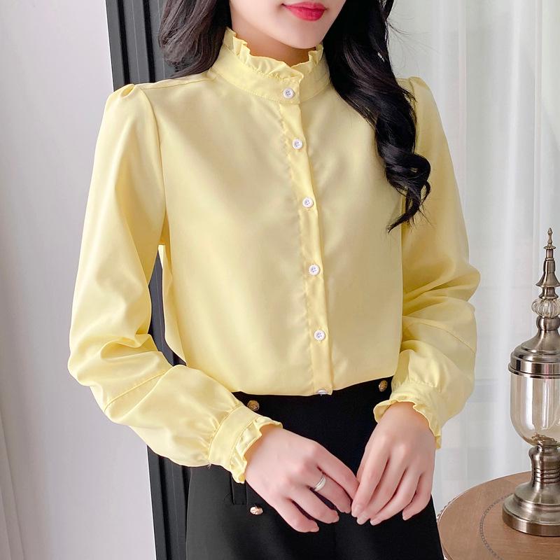Women's 2024 French Stand-Up Collar Ruffled Long-Sleeve Shirt
