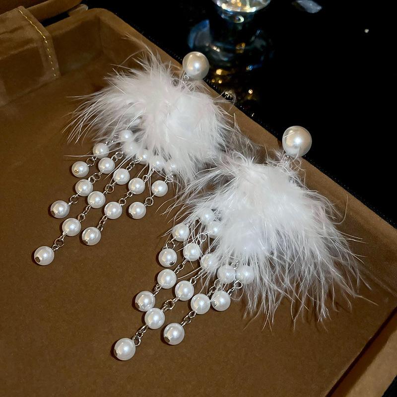 Orecchini a Frange di Piume con Diamanti Colorati Lusso Leggero Borchie di Alta Gamma Orecchini di Nicchia Retrò Autunno e Inverno Donna