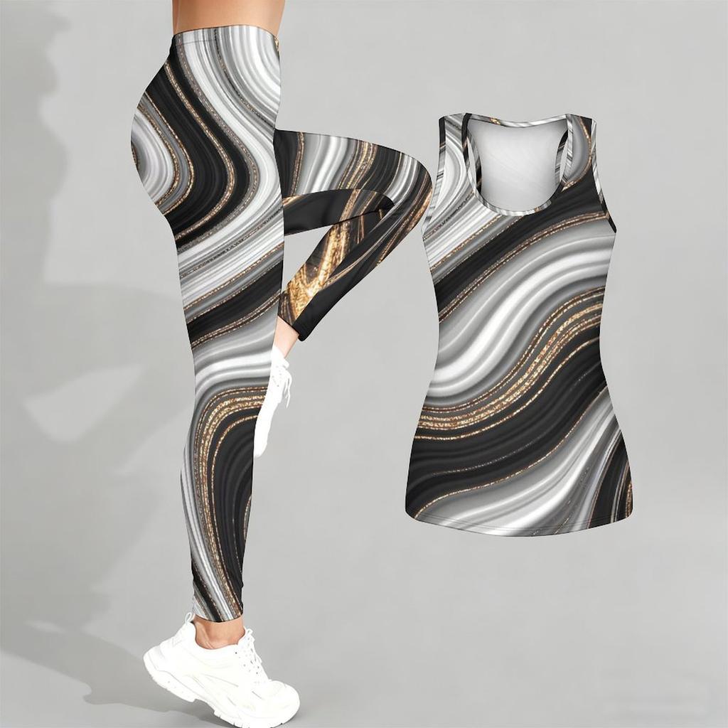Marble Veining Printed Yoga Outfit for Women Fashion Workout Leggings Fitness Sports Casual Yoga Set Sports Suit